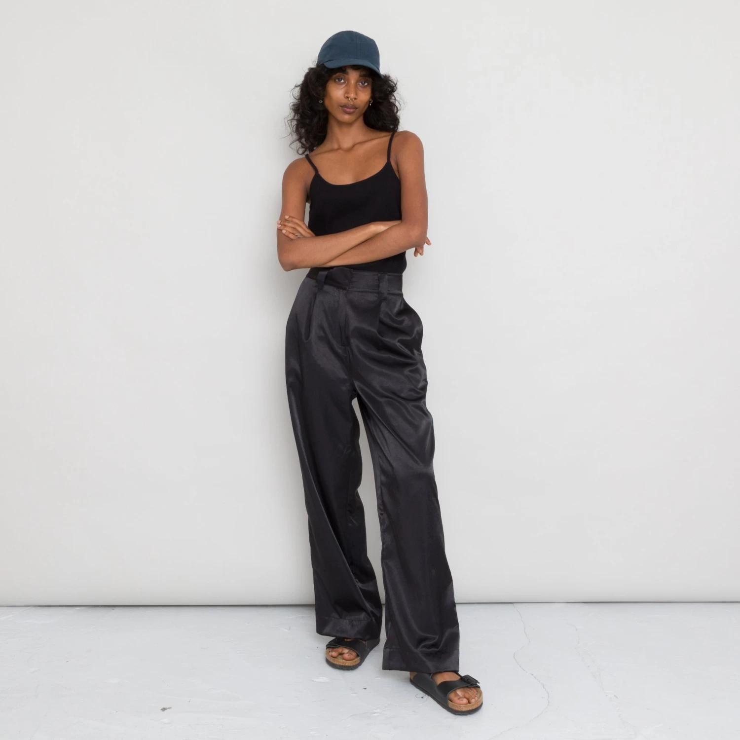 Pleated Pants Women's - Black Satin 3 Pleated Pants Women's - Black Satin