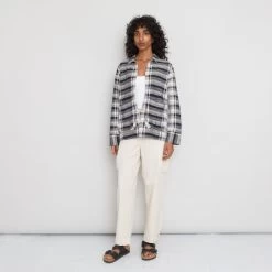 Pleated Shirt Women's - Navy Basket Weave Check